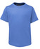 A blue T-shirt for kids with a round neckline and short sleeves, featuring a logo on the inside tag.
