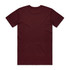 A maroon T-shirt with a plain back and a logo on the neck area. Ideal for casual wear.