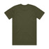 A plain olive green T-shirt featuring a classic design with a round neck and short sleeves. It has a logo on the back.