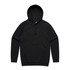 A black hoodie with a front pocket and a drawstring hood, featuring a logo on the front.
