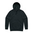 A black hoodie with a front pocket and a drawstring hood. It features a logo on the design.