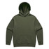 An olive green hoodie with a front pocket and a large hood, featuring a small logo.