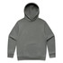 A grey hoodie with a front pocket and a hood. It features a branding logo.
