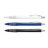 Three plastic pens in white, blue, and black, featuring silver accents and a logo on each pen.