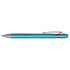 A metal pen featuring a sleek turquoise design with silver accents and a textured grip.