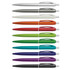 A collection of twelve plastic pens in various colours, including silver, grey, white, orange, green, and purple, featuring a logo.
