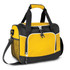 A yellow cooler bag with black accents, featuring a front pocket, top handles, and a detachable shoulder strap.