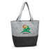 A grey and dark grey tote bag with handles and a logo on the front.