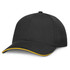 A black cap with a curved visor and yellow trim.