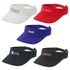 Five sun visors in various colours: grey, red, purple, and black, each featuring a logo or branding.