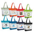 A collection of eight fabric tote bags in various colours, each featuring a different logo on the front.