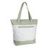 A tote bag featuring a white body and muted green accents, with a zipper pocket on the front and two handles.