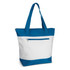 A tote bag featuring a blue top and base with a white middle section, including a zippered pocket.