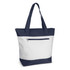 A navy and white tote bag featuring a zippered pocket and two shoulder straps. It has a branding logo on it.