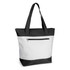 A tote bag in white and black, featuring long handles and a front zippered pocket. The bag has a logo.