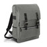A grey backpack with a flap closure, zippers, and black accents, featuring straps and a branding logo.