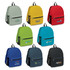 A collection of eight backpacks in various colours, featuring logos on the front pocket.