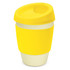 A drink bottle featuring a yellow silicone lid and sleeve with a light-coloured base, including a logo.