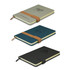 A set of three notebooks in grey, teal, and black, each featuring a logo and an elastic band closure.