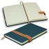A teal notebook with a brown strap and ribbon bookmark, featuring lined pages and an open cover.