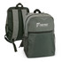 A grey and green backpack with a logo, featuring padded shoulder straps and mesh side pockets.