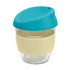 A drink bottle made of clear borosilicate glass with a teal lid and a beige silicone sleeve. It features a logo.