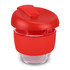 A drink bottle in red, featuring a silicone band and a lid, made of borosilicate glass.