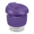 A drink bottle with a purple silicone sleeve and lid, featuring a clear borosilicate glass body. It has a logo.