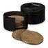 A round coaster set in various shades of brown, housed in a black circular box with a logo.