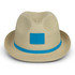 A straw fedora hat in beige with a blue band and a square logo patch.