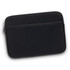 A black laptop sleeve with a zip closure and an additional front pocket, including a logo.