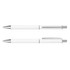 A metal pen in white with silver accents, featuring a clip and a sleek design. It has a logo on the surface.
