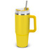 A drink bottle in bright yellow with a stainless steel accent, a large handle, and a straw. It features a logo.