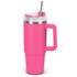 A drink bottle in vibrant pink with a stainless steel lid and a handle, featuring a straw.