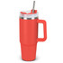 A drink bottle in vibrant red with a stainless steel rim, a handle, and a straw. It has a logo on the side.