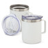 A drink bottle set featuring two white vacuum cups with stainless steel accents and one transparent lid.