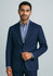 A navy blue men's blazer features a classic two-button design, with a slim fit and a subtle branding logo.