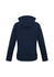 A navy blue women's soft shell jacket featuring a hood and a logo on the sleeve.