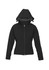 A black women's soft shell jacket with a hood and zippered front, featuring a side pocket and logo detail.
