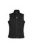A black women's softshell vest with a high collar and a front zip, featuring a logo on the chest area.