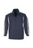 A navy jacket featuring white stripes on the sleeves and a zip-up front. It has a logo on the chest.