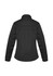 A women's softshell jacket in black, featuring a simple design and a branded logo on the back.