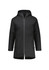 A unisex rain jacket in black with a hood and a front zipper, featuring a logo on the chest.