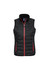 A black women's vest with a zip front, featuring red accents and side pockets. It has a high collar.