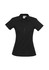 A black ladies' polo shirt with a buttoned placket and short sleeves. It features a logo.