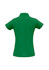 A green ladies polo shirt featuring a collar and short sleeves, with a logo on the back.