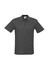 A dark grey polo shirt featuring a collar, short sleeves, and a logo on the chest.