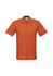 An orange men's polo shirt featuring a collar and three buttons, with a logo on the chest.