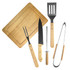 A BBQ set featuring wooden-handled tools: a spatula, tongs, a fork, a knife, and a sharpening rod, all on a wooden board.