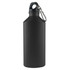 A drink bottle in matte black with a carabiner attached for easy carrying. Features a simple design with a logo.